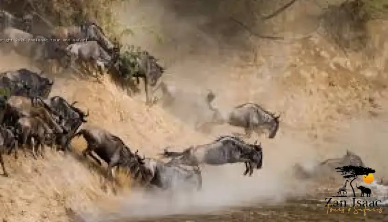 Wildebeest crossing a river during the Great Migration